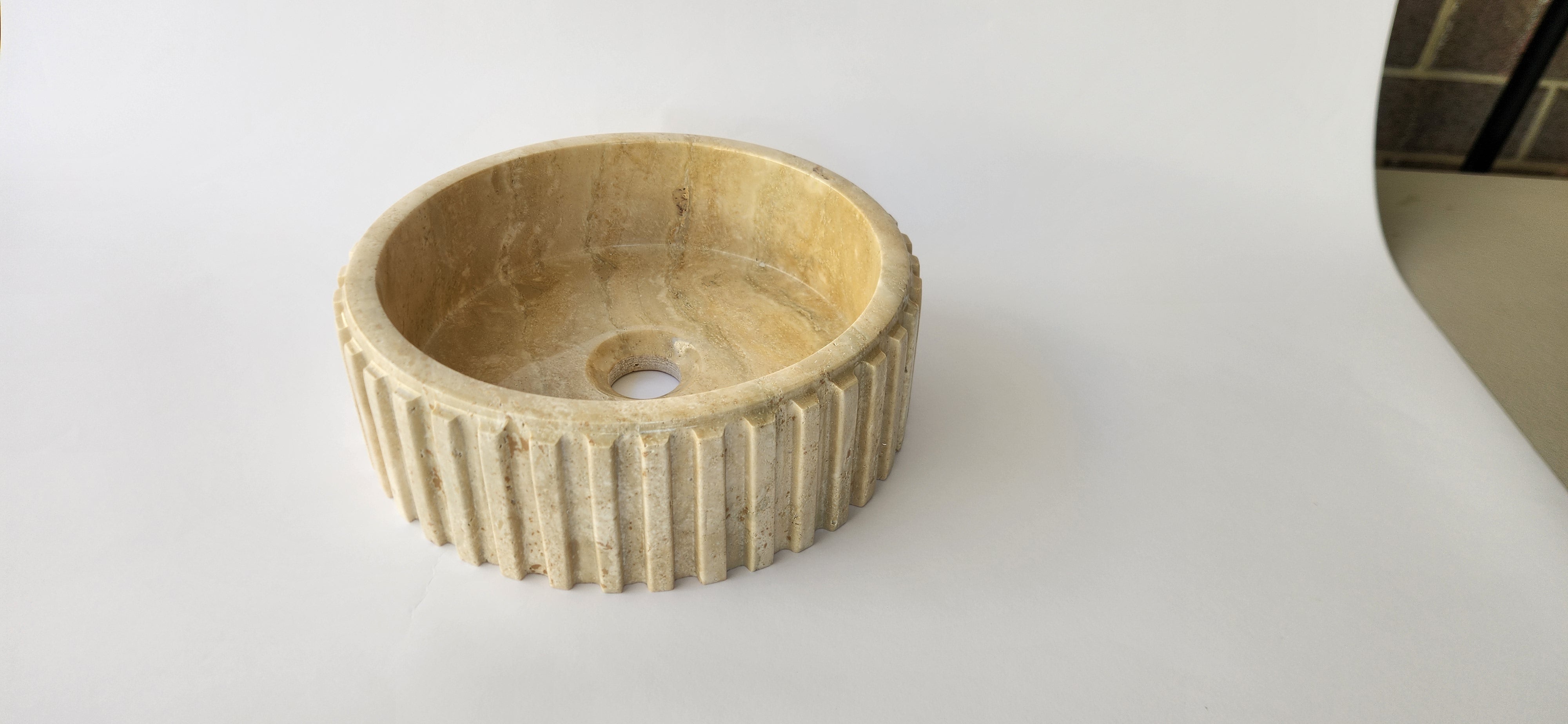 Fluted Travertine Round Basin with Flat Base