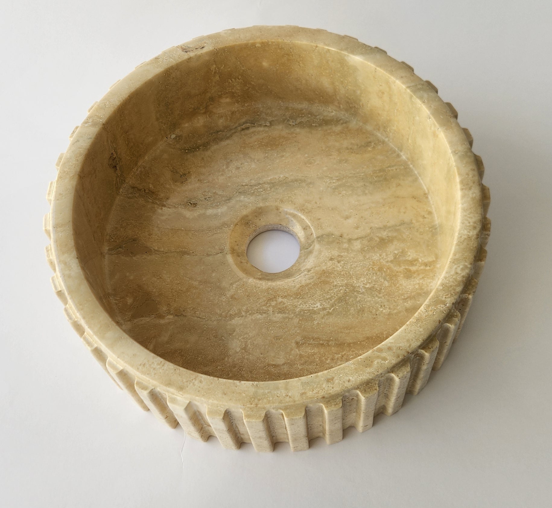 Fluted Travertine Round Basin with Flat Base
