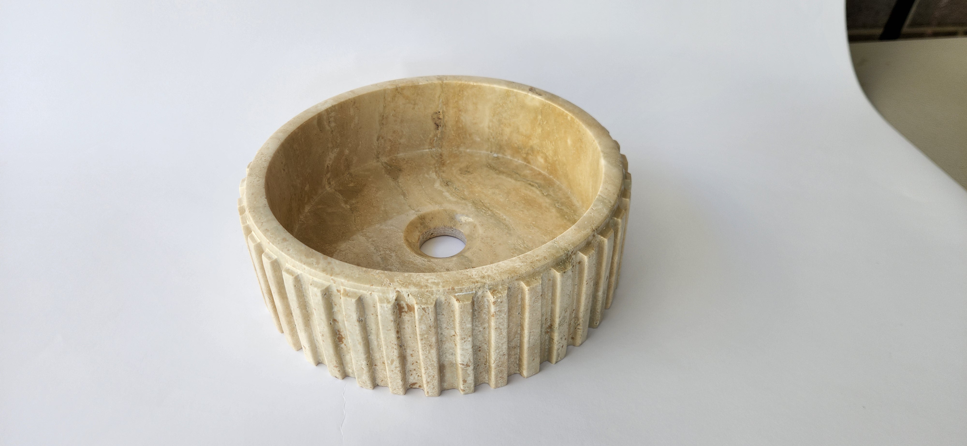 Fluted Travertine Round Basin with Flat Base