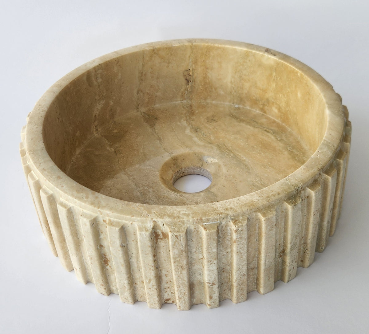 Fluted Travertine Round Basin with Flat Base